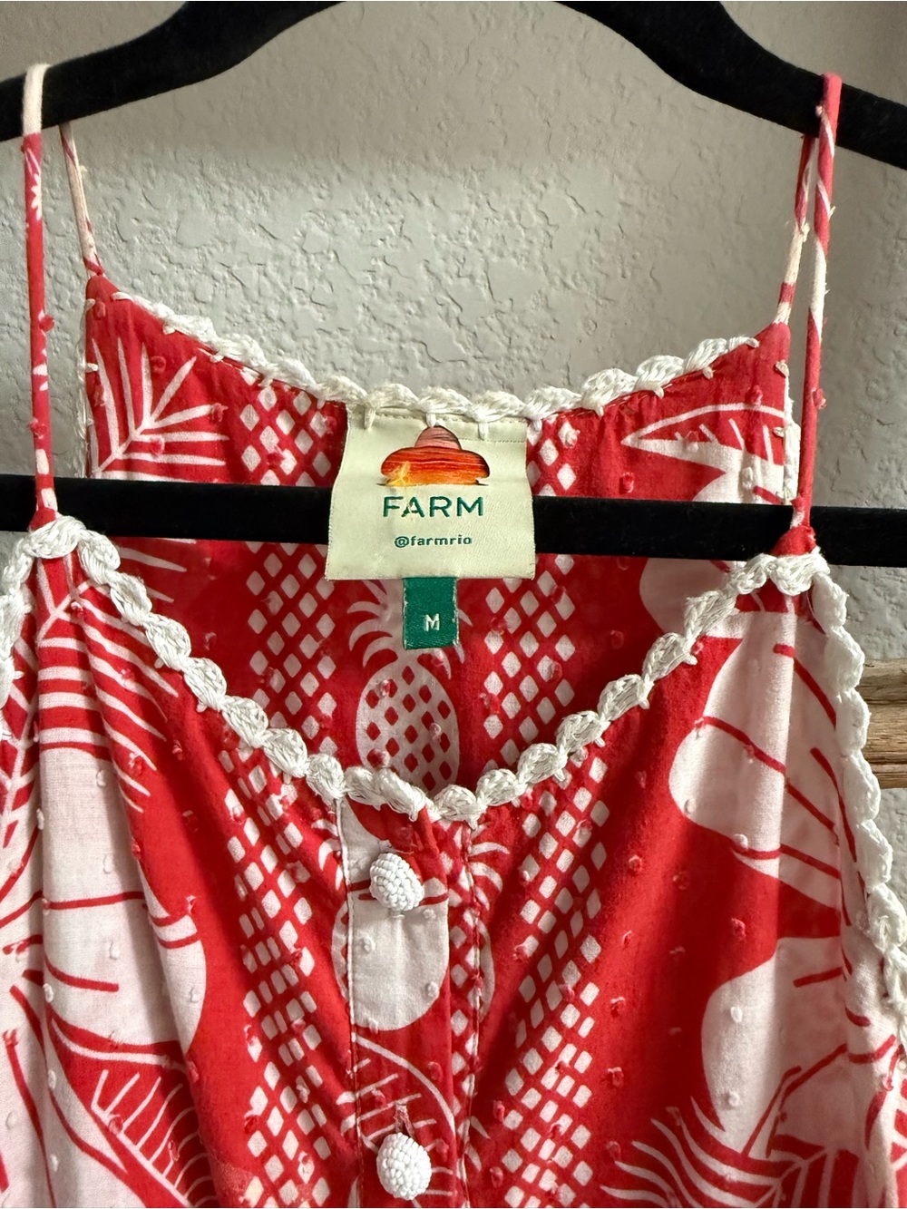 FARM Rio Red and White Print Crochet-Trim Cami